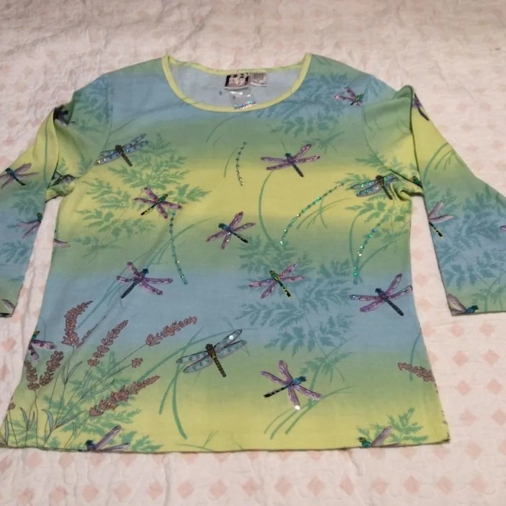 NWOT Dragonfly print 100% cotton top long sleeves pastels sequins Women Size XL - Picture 6 of 7